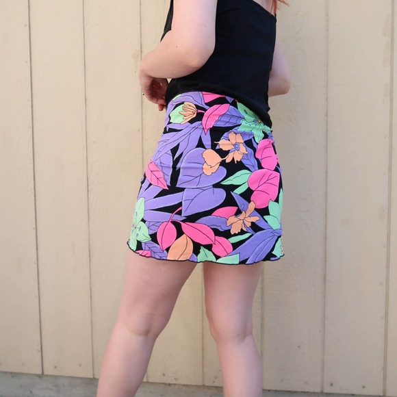 Vintage 90s bold neon floral sarong mini skirt M/L - Picture 2 of 4